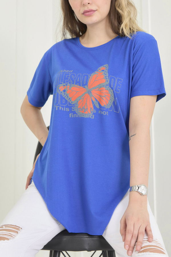 Düz Bisiklet Yaka Kadın Mavi T-Shirt - 22251