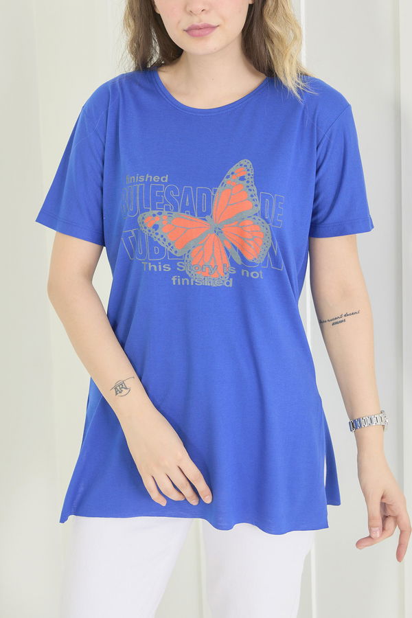 Düz Bisiklet Yaka Kadın Mavi T-Shirt - 22251