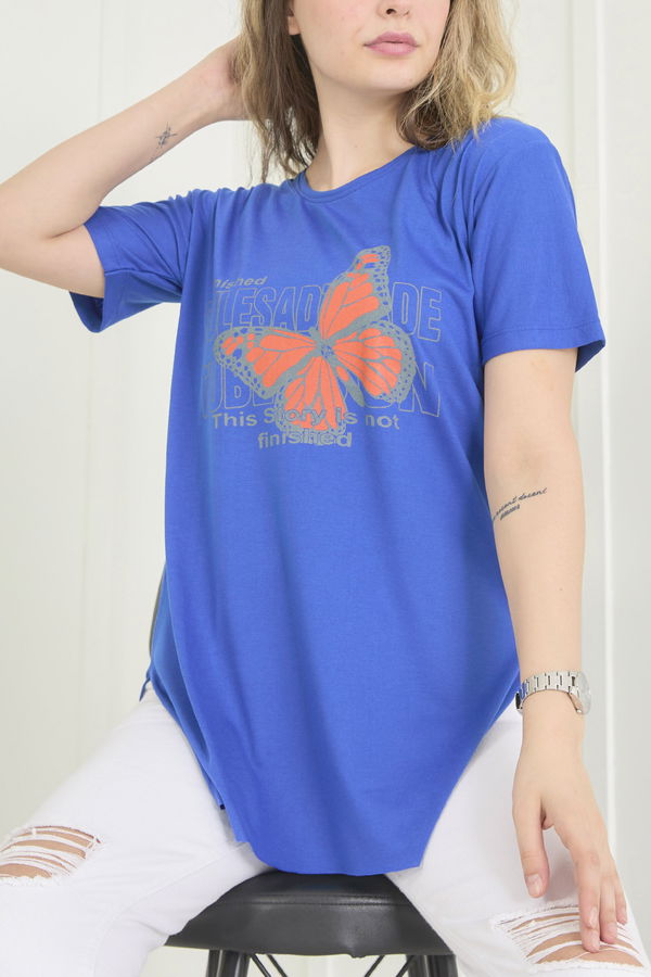 Düz Bisiklet Yaka Kadın Mavi T-Shirt - 22251
