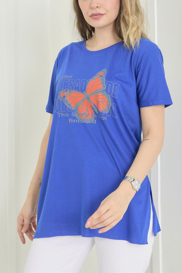 Düz Bisiklet Yaka Kadın Mavi T-Shirt - 22251