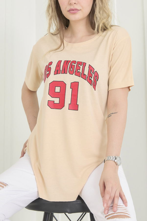 Düz Bisiklet Yaka Kadın Bej T-Shirt - 22533