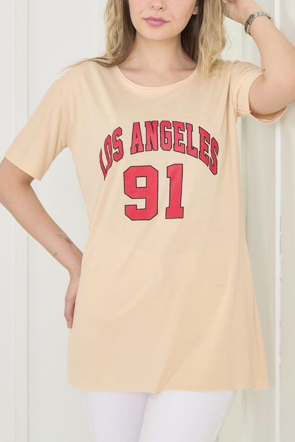 Düz Bisiklet Yaka Kadın Bej T-Shirt - 22533