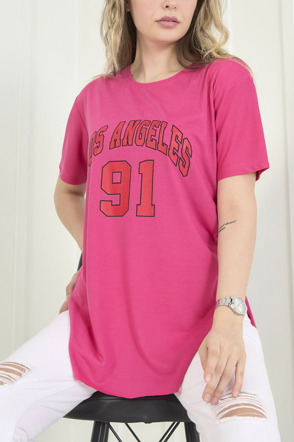 Düz Bisiklet Yaka Kadın Fuşya T-Shirt - 22533 FUŞYA