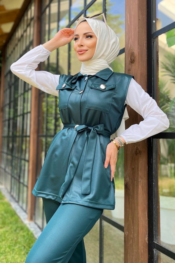 Düz Gömlek Yaka Kadın Yeşil Yelek+Pantolon - 11594
