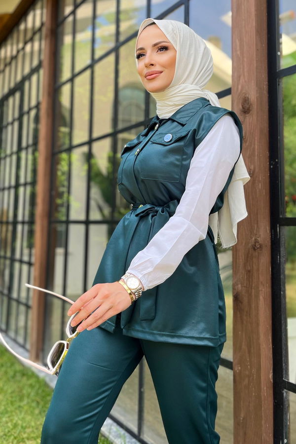 Düz Gömlek Yaka Kadın Yeşil Yelek+Pantolon - 11594
