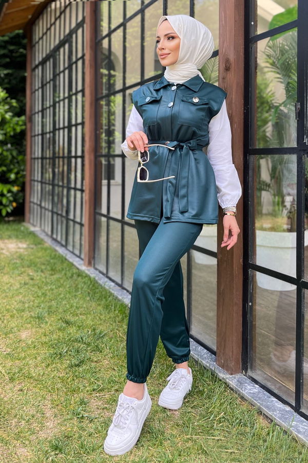 Düz Gömlek Yaka Kadın Yeşil Yelek+Pantolon - 11594