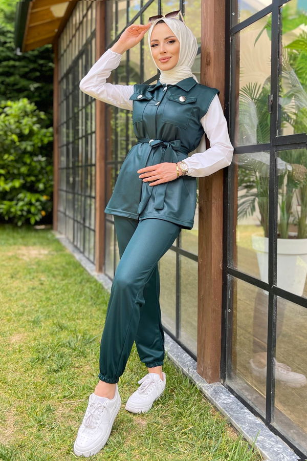 Düz Gömlek Yaka Kadın Yeşil Yelek+Pantolon - 11594