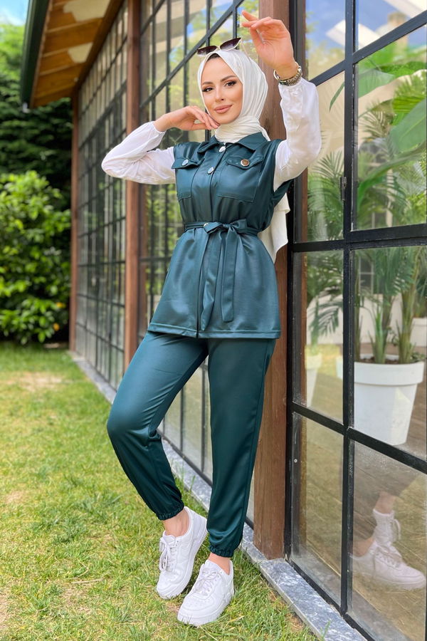 Düz Gömlek Yaka Kadın Yeşil Yelek+Pantolon - 11594