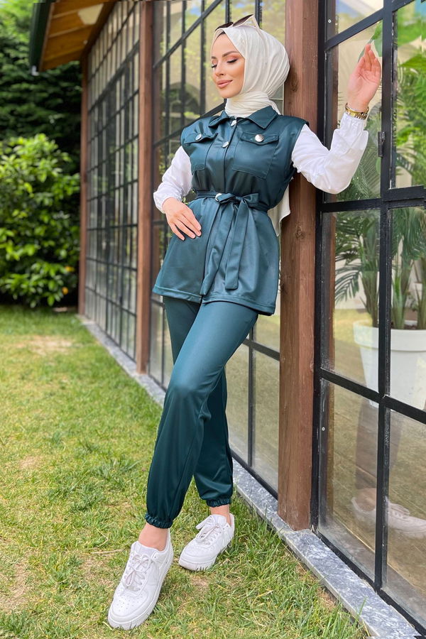 Düz Gömlek Yaka Kadın Yeşil Yelek+Pantolon - 11594