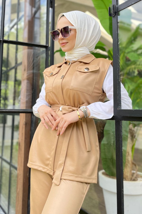 Düz Gömlek Yaka Kadın Bej Yelek+Pantolon - 11594 BEJ