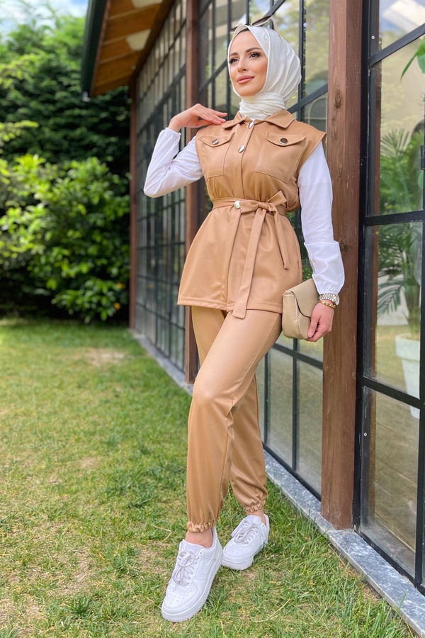Düz Gömlek Yaka Kadın Bej Yelek+Pantolon - 11594 BEJ
