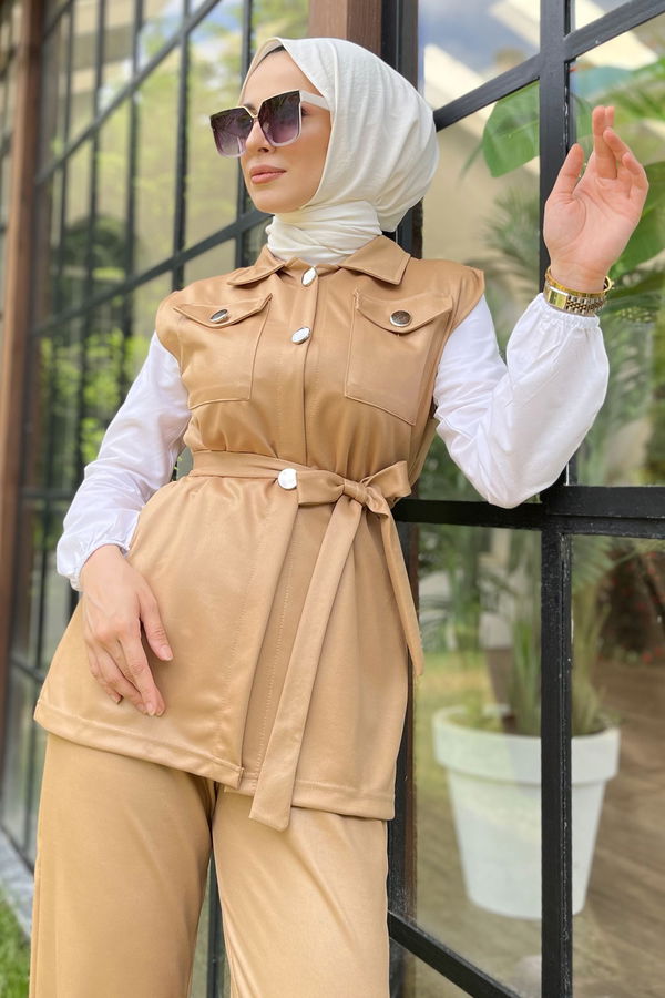 Düz Gömlek Yaka Kadın Bej Yelek+Pantolon - 11594 BEJ