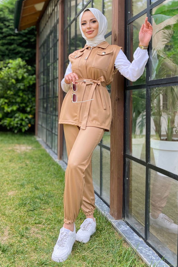 Düz Gömlek Yaka Kadın Bej Yelek+Pantolon - 11594 BEJ