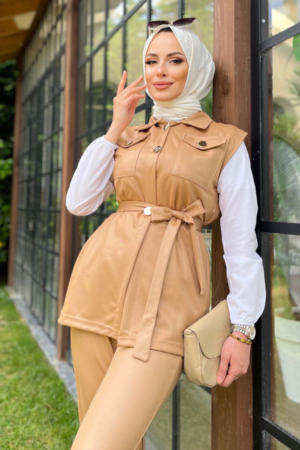 Düz Gömlek Yaka Kadın Bej Yelek+Pantolon - 11594 BEJ