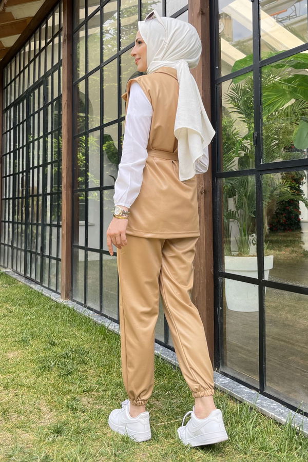 Düz Gömlek Yaka Kadın Bej Yelek+Pantolon - 11594 BEJ