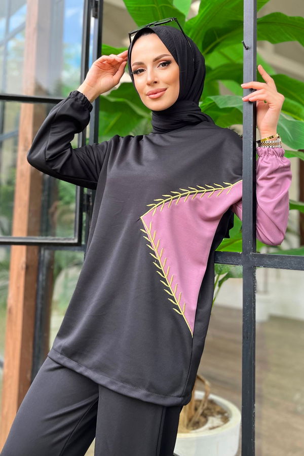 Düz Bisiklet Yaka Kadın Lila Tunik+Pantolon - 11480