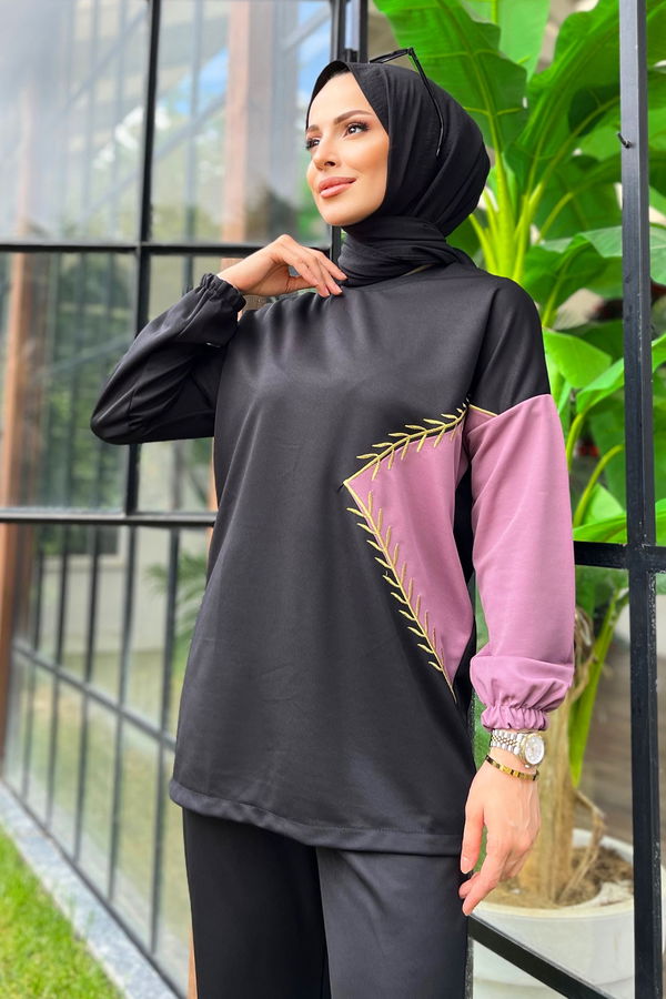 Düz Bisiklet Yaka Kadın Lila Tunik+Pantolon - 11480