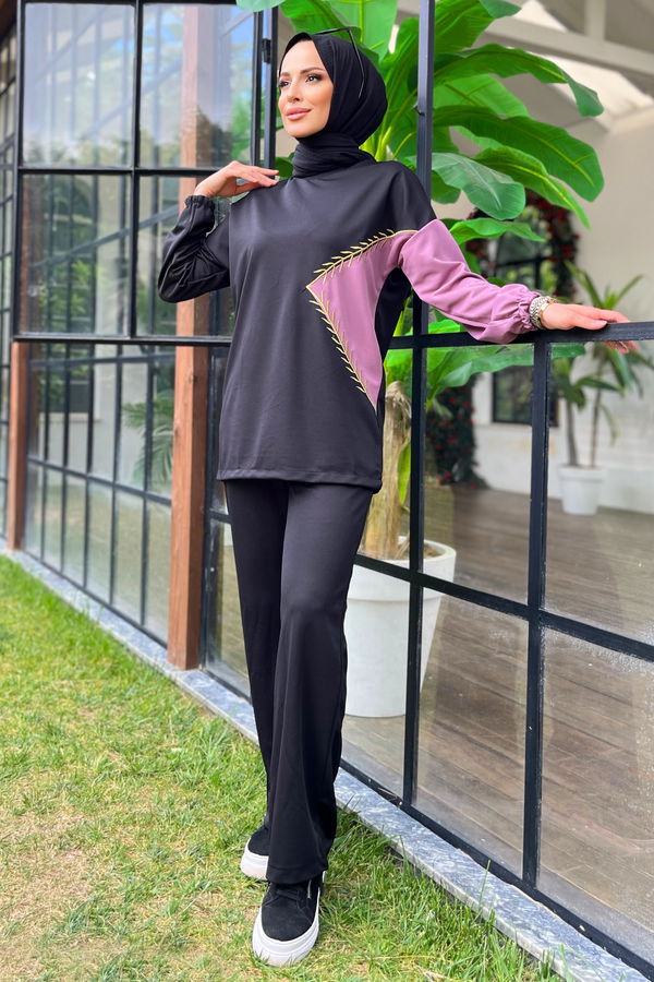 Düz Bisiklet Yaka Kadın Lila Tunik+Pantolon - 11480