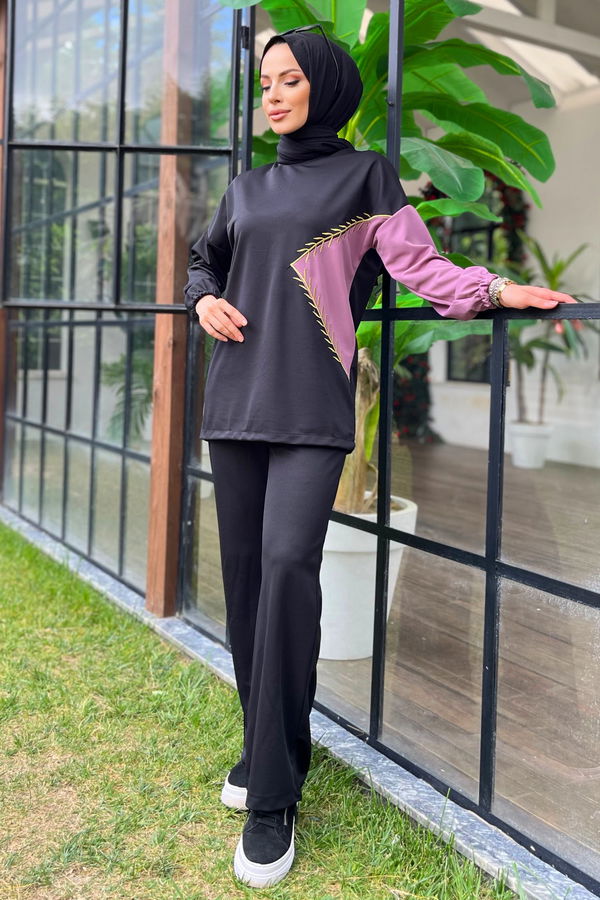 Düz Bisiklet Yaka Kadın Lila Tunik+Pantolon - 11480