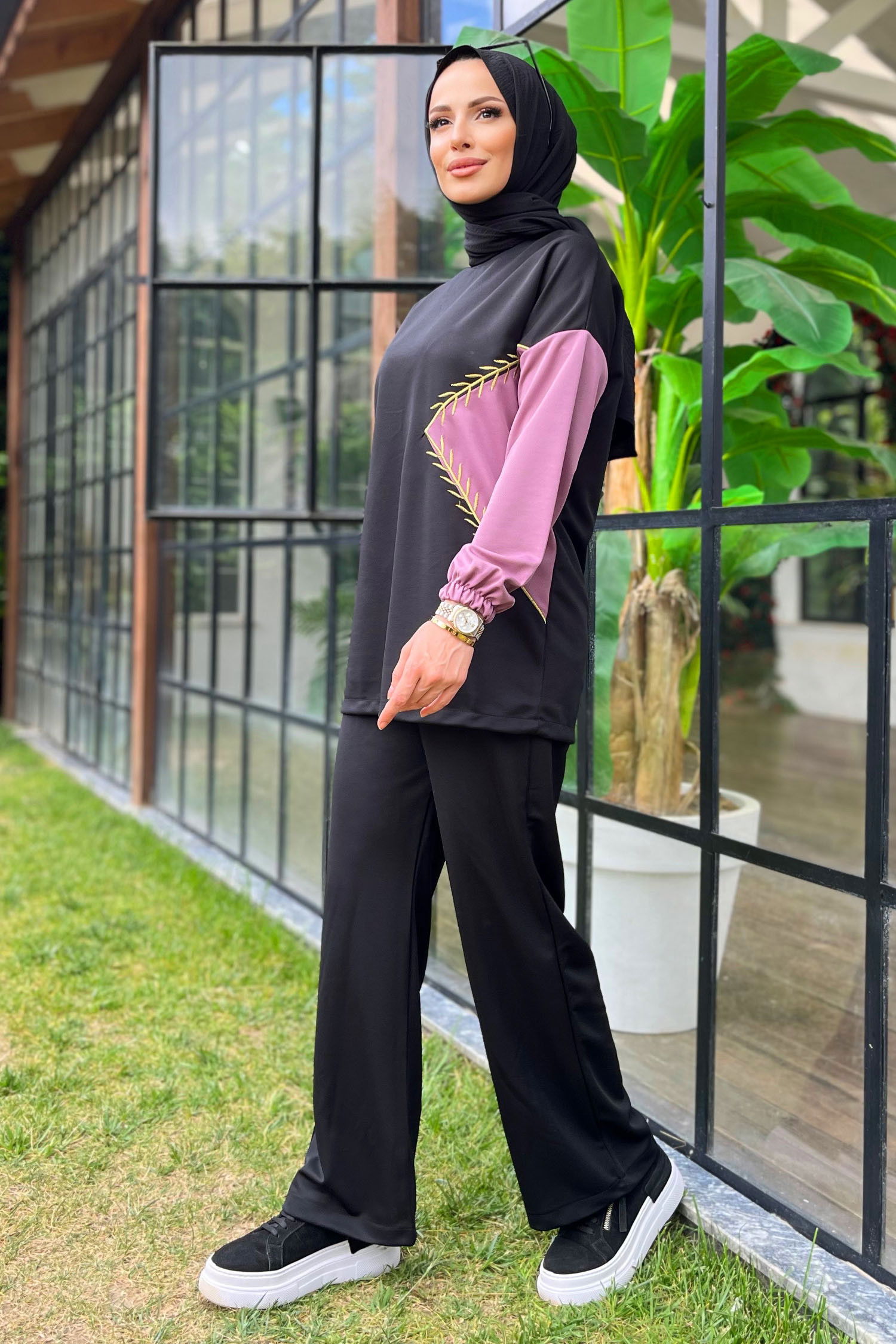 Düz Bisiklet Yaka Kadın Lila Tunik+Pantolon - 11480