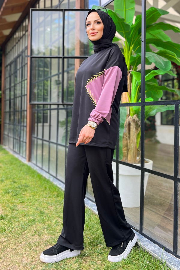 Düz Bisiklet Yaka Kadın Lila Tunik+Pantolon - 11480