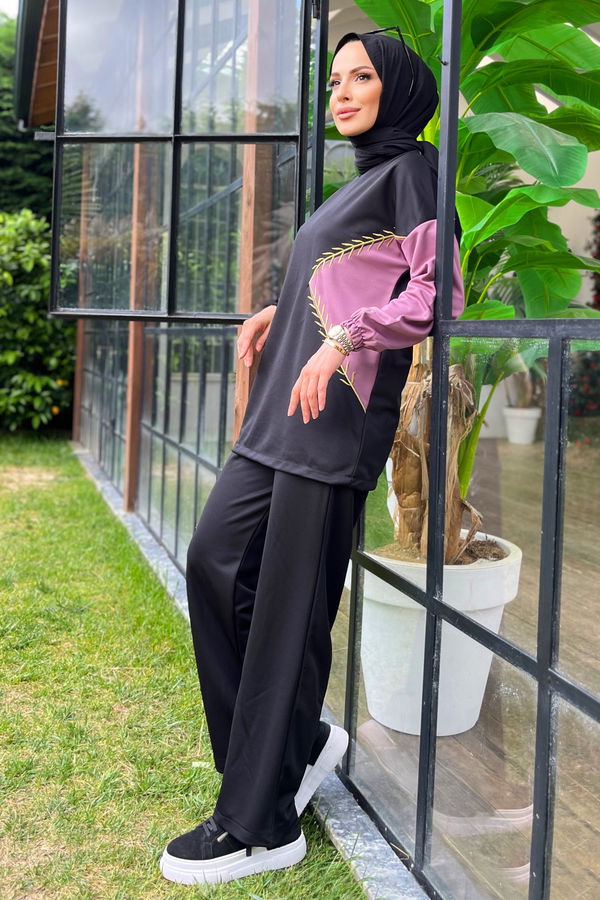 Düz Bisiklet Yaka Kadın Lila Tunik+Pantolon - 11480
