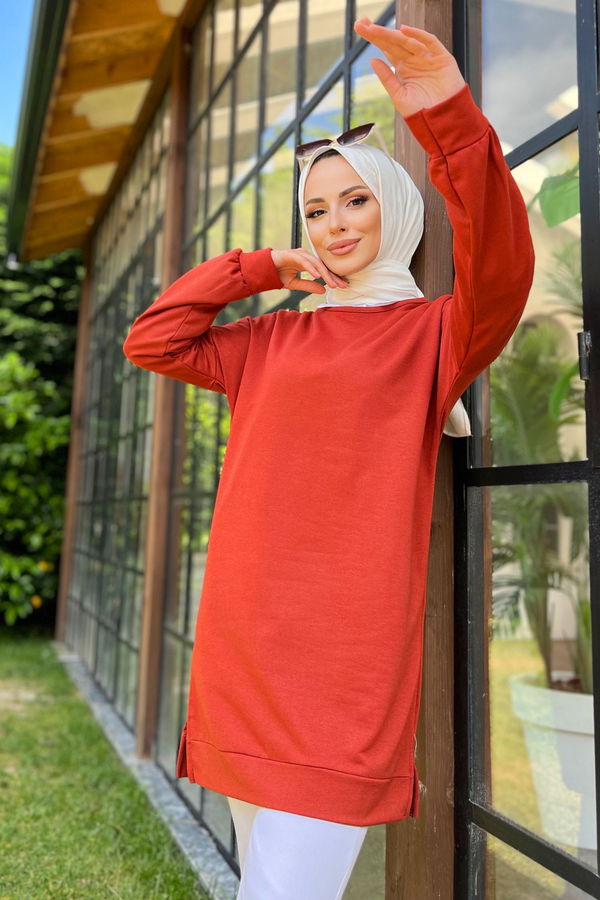 Düz Bisiklet Yaka Kadın Kiremit Tunik - 11595