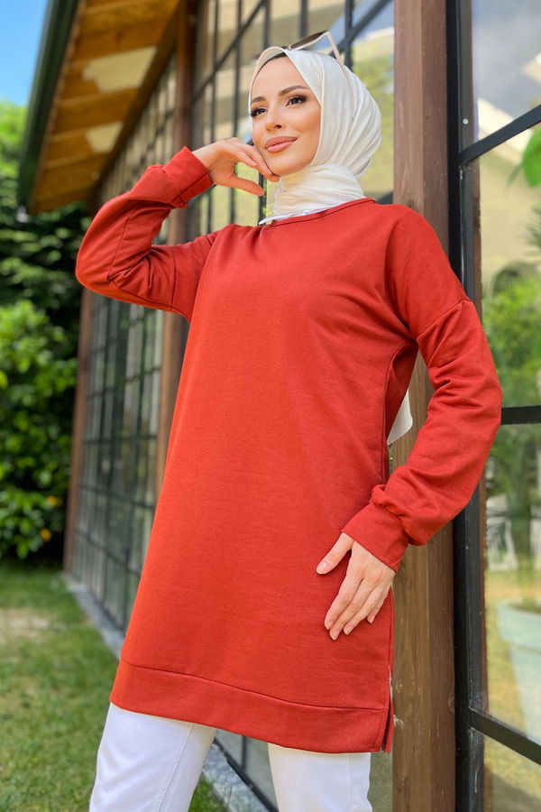 Düz Bisiklet Yaka Kadın Kiremit Tunik - 11595