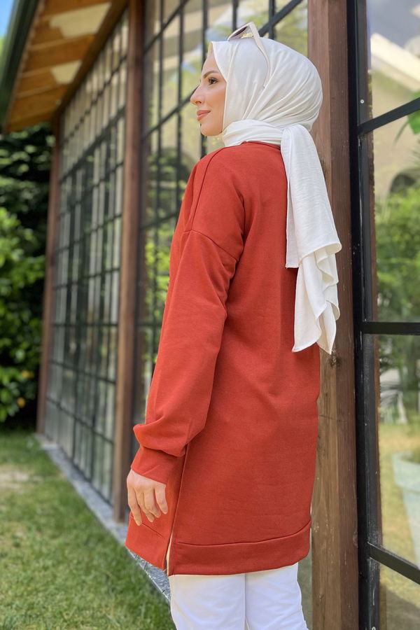 Düz Bisiklet Yaka Kadın Kiremit Tunik - 11595