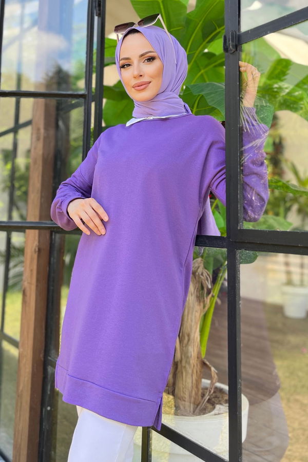 Düz Bisiklet Yaka Kadın Mor Tunik - 11595