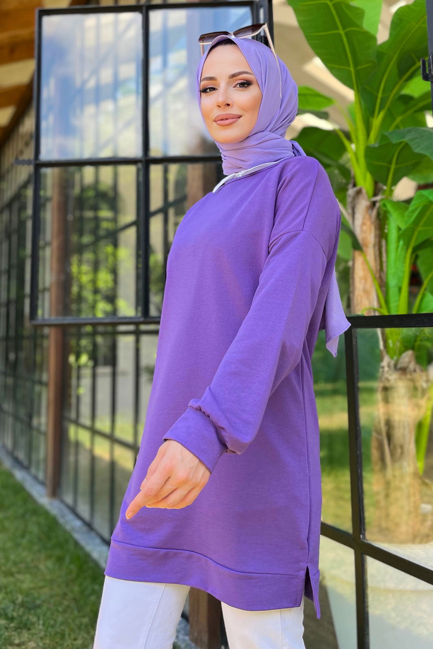 Düz Bisiklet Yaka Kadın Mor Tunik - 11595
