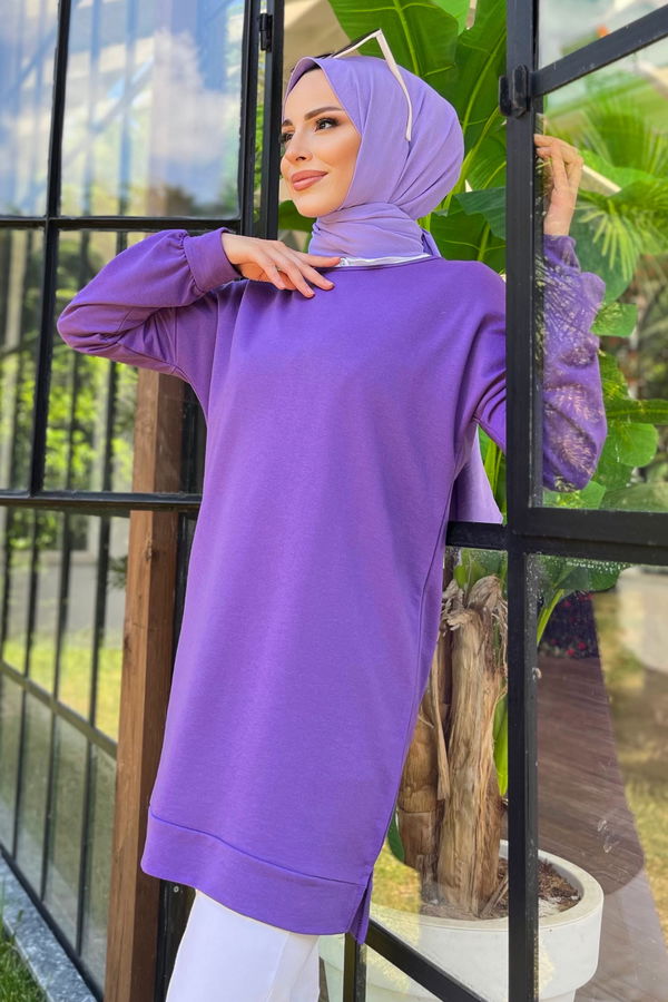 Düz Bisiklet Yaka Kadın Mor Tunik - 11595