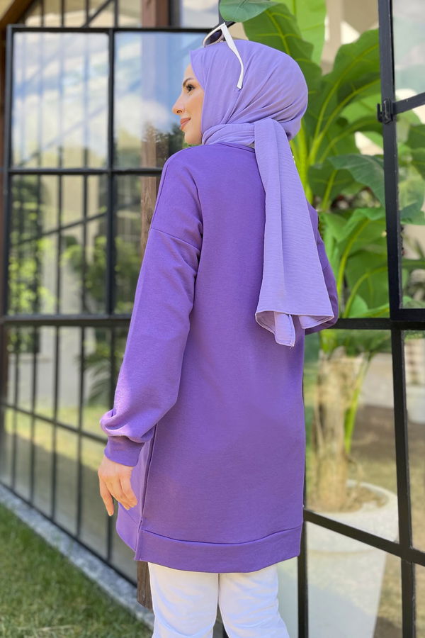 Düz Bisiklet Yaka Kadın Mor Tunik - 11595