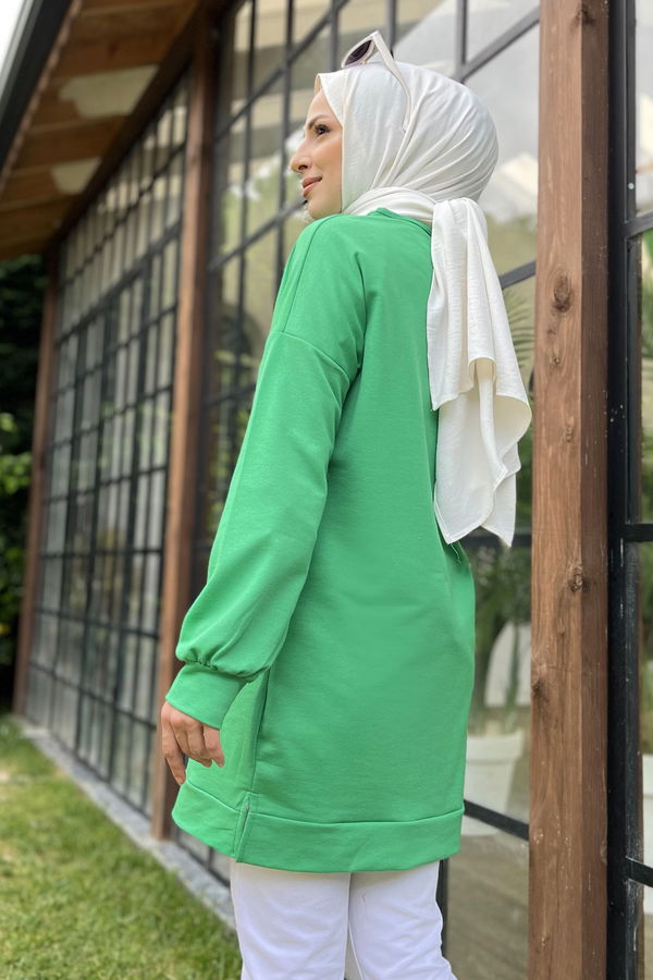 Düz Bisiklet Yaka Kadın Yeşil Tunik - 11595