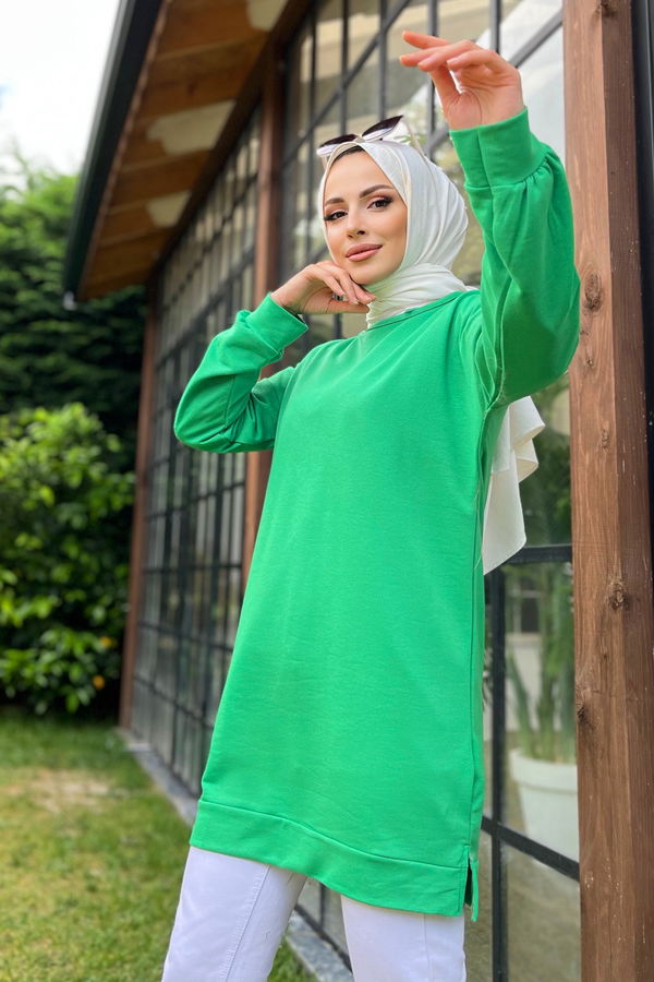 Düz Bisiklet Yaka Kadın Yeşil Tunik - 11595