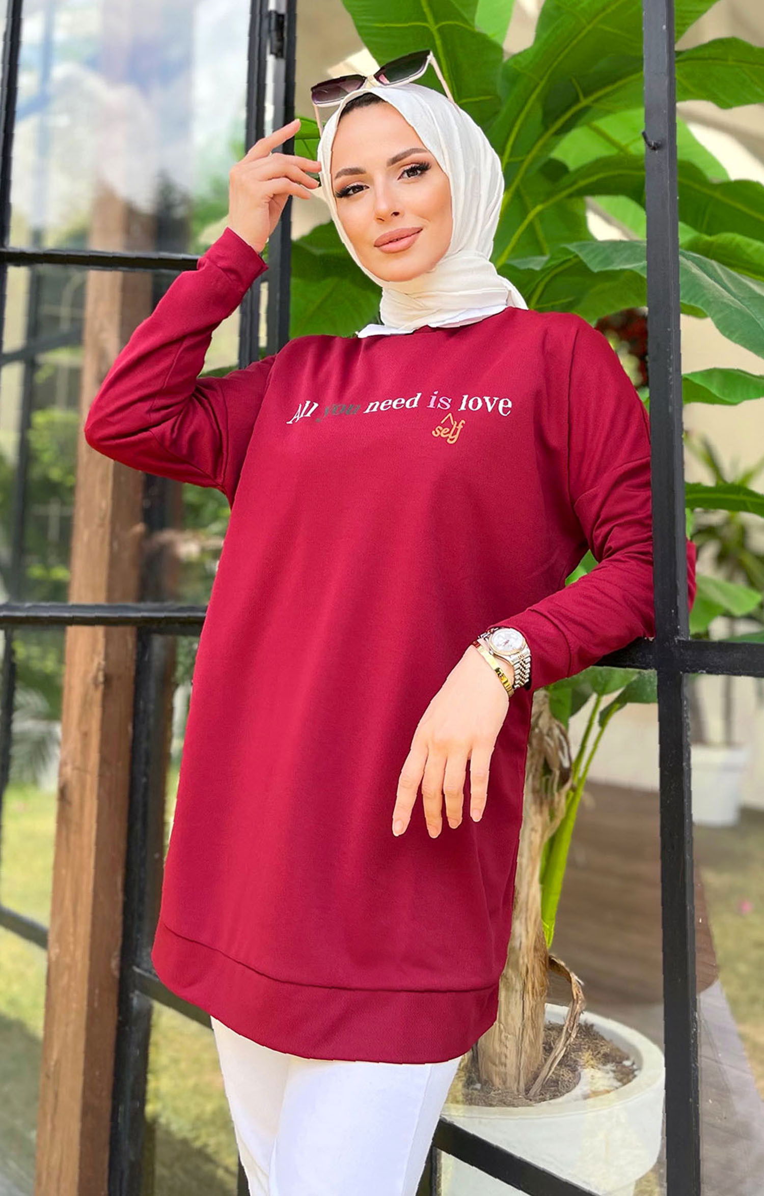 Düz Bisiklet Yaka Kadın Bordo Tunik - 11618
