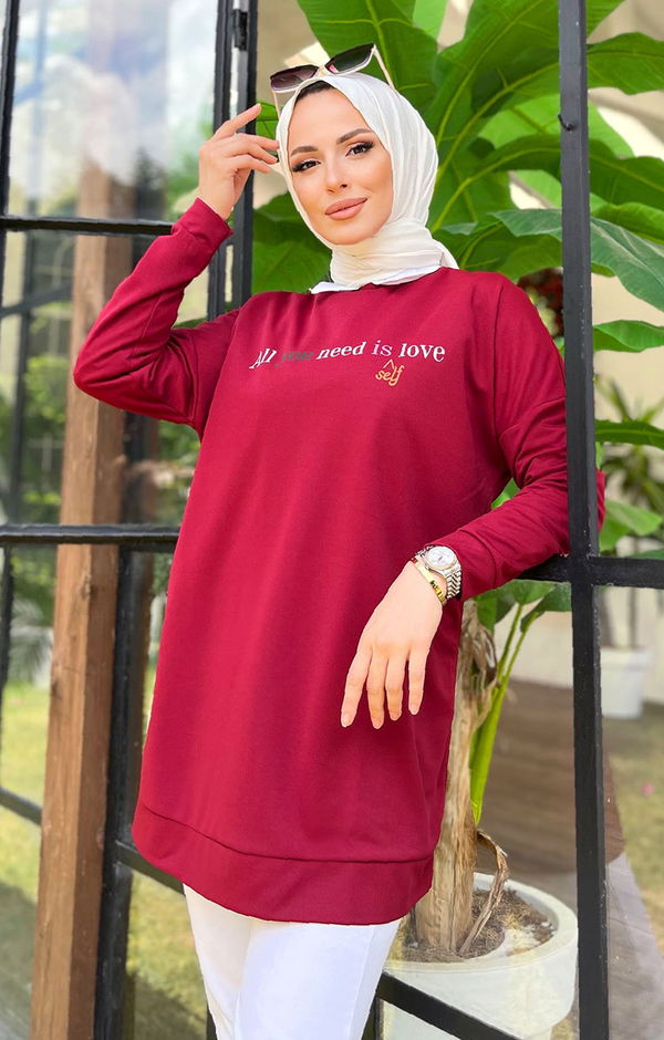 Düz Bisiklet Yaka Kadın Bordo Tunik - 11618