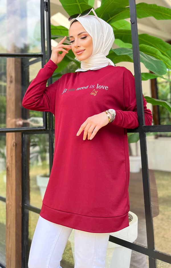 Düz Bisiklet Yaka Kadın Bordo Tunik - 11618