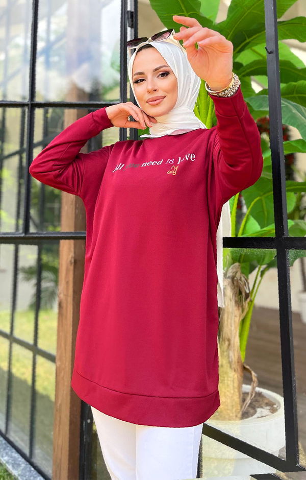 Düz Bisiklet Yaka Kadın Bordo Tunik - 11618
