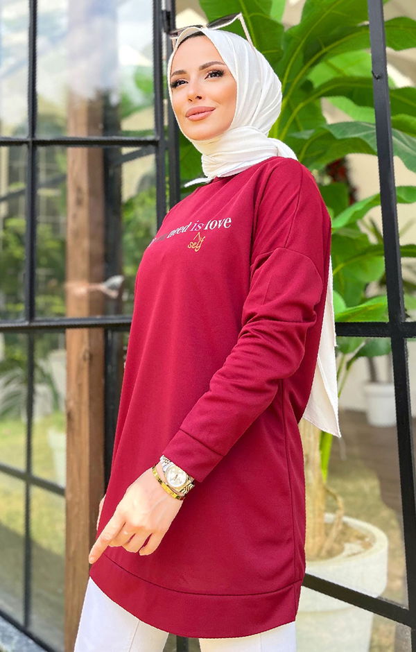 Düz Bisiklet Yaka Kadın Bordo Tunik - 11618