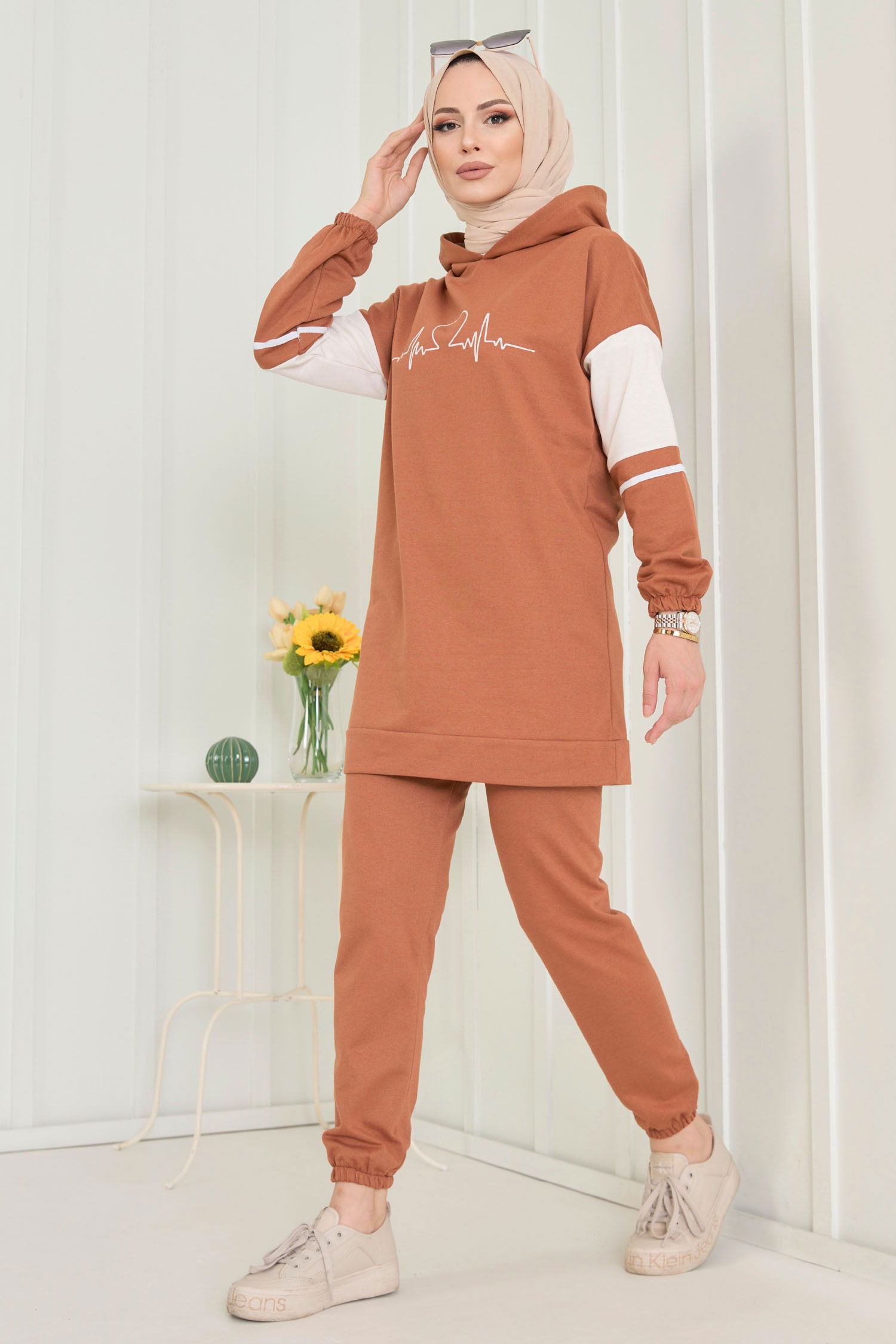 Düz Orta Kadın Taba Tunık Pantolon  - 3473