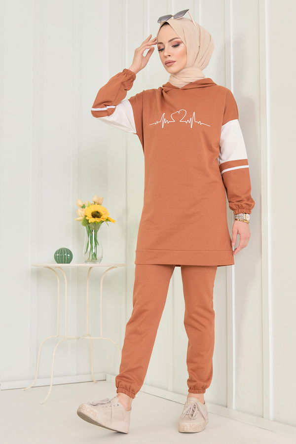 Düz Orta Kadın Taba Tunık Pantolon  - 3473