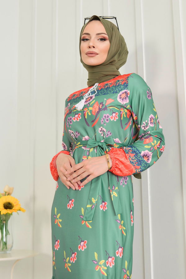 Düz Bisiklet Yaka Kadın Yeşil Elbise - 11664