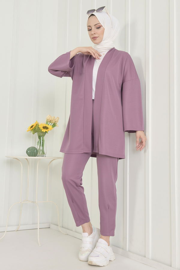 Düz Orta Kadın Lila Hırka+Pantolon - 11656