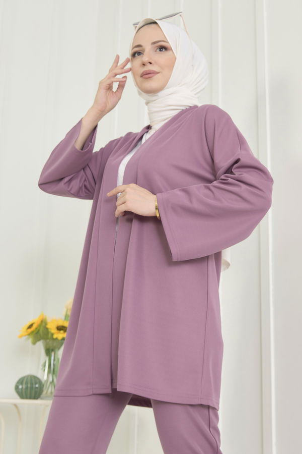 Düz Orta Kadın Lila Hırka+Pantolon - 11656