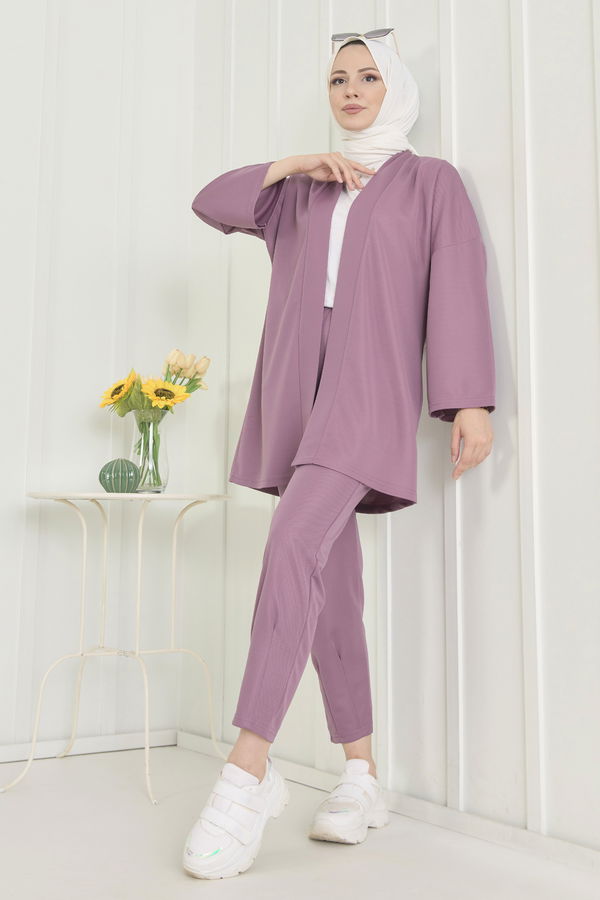 Düz Orta Kadın Lila Hırka+Pantolon - 11656