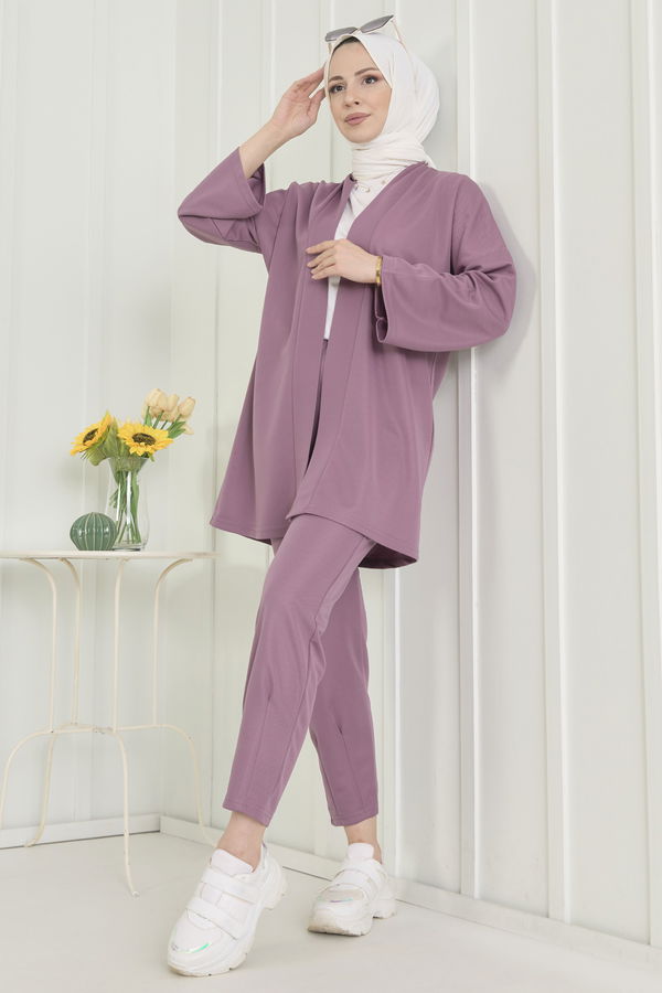 Düz Orta Kadın Lila Hırka+Pantolon - 11656
