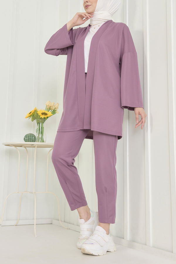Düz Orta Kadın Lila Hırka+Pantolon - 11656