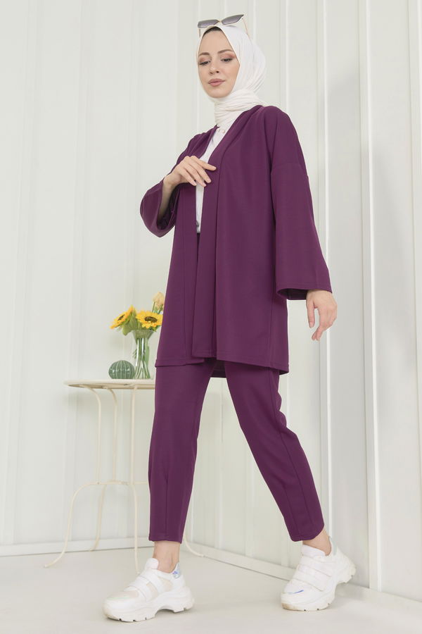Düz Orta Kadın Mor Hırka+Pantolon - 11656