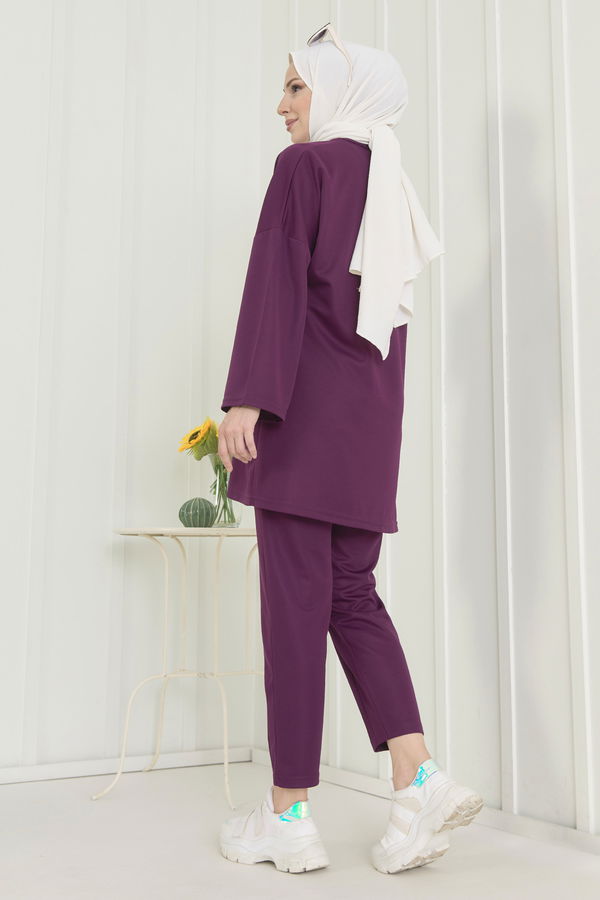 Düz Orta Kadın Mor Hırka+Pantolon - 11656